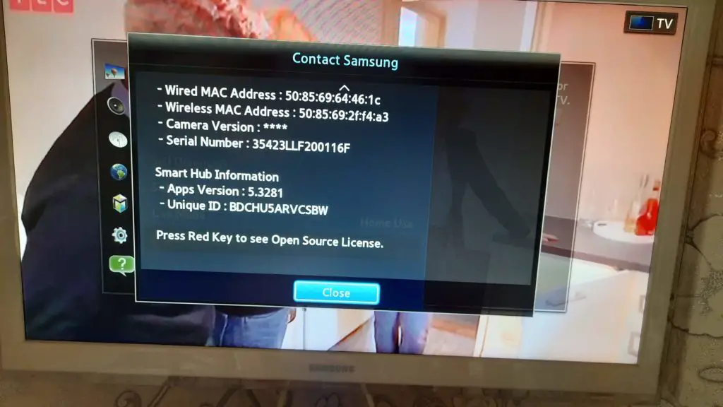 Numero di serie del menu TV Samsung 
