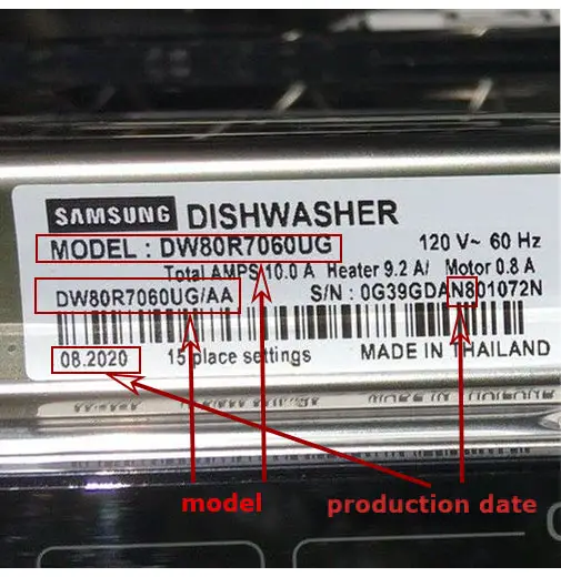 Numero di modello, numero di serie e data di produzione sull'adesivo della lavastoviglie